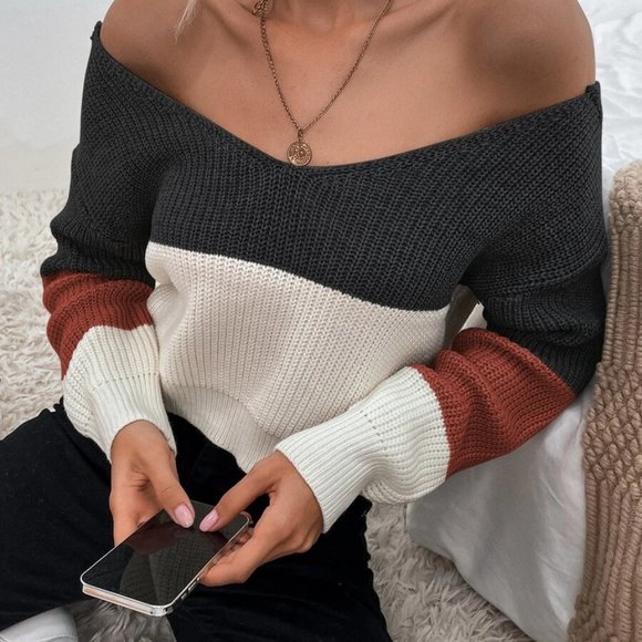 Off Shoulder Twist Back Colorblock  Crop Top Sweater Fall Autumn - Picture 3 of 9